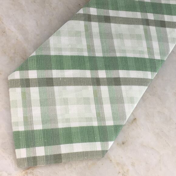 PRONTO UOMO GREEN CREAM PLAID SILK LINEN BLEND NECKTIE ( XL) - Picture 6 of 12